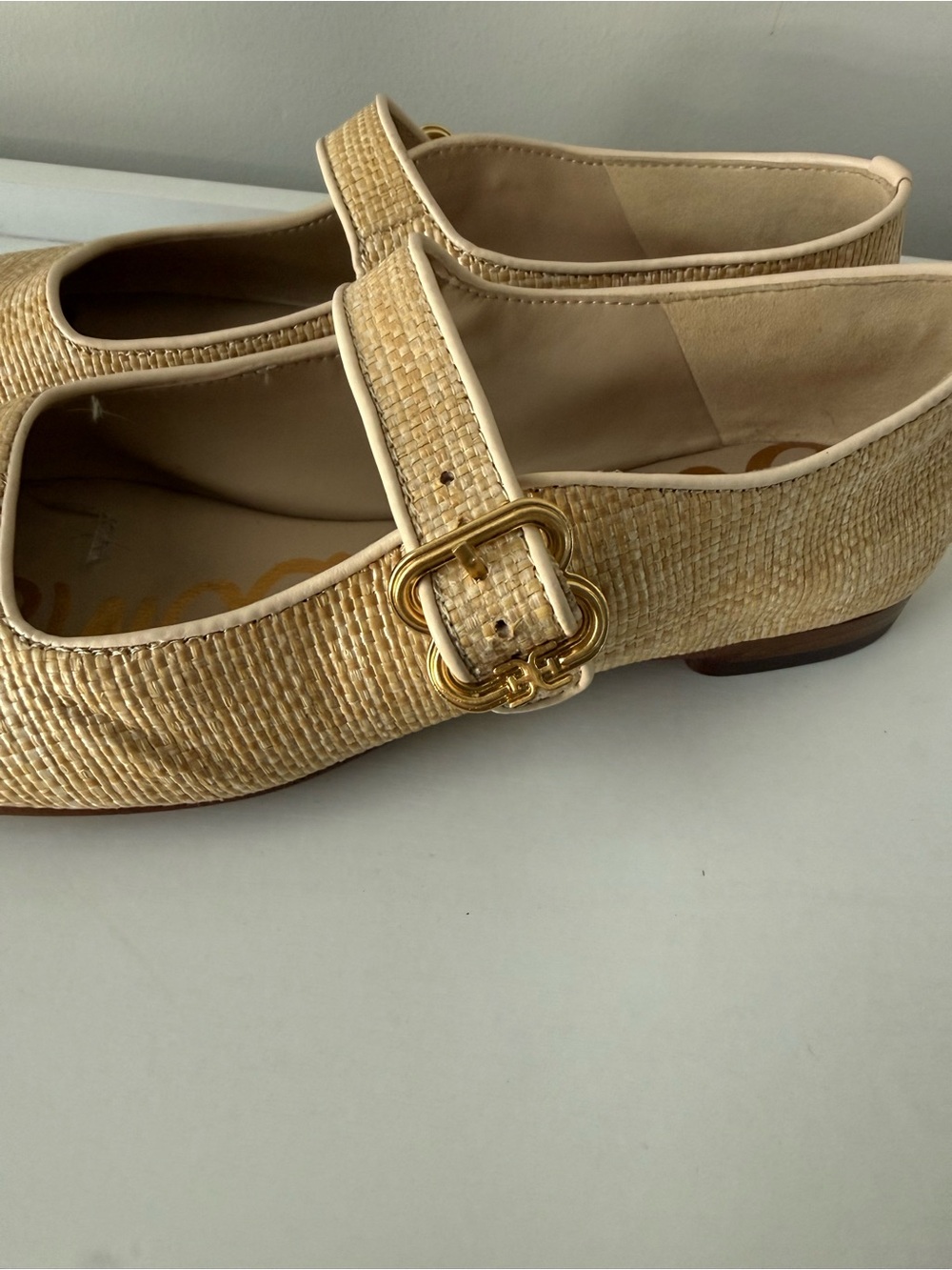 Sam Edelman Michaela Beige Mary Jane Flats with Gold Buckle - Picture 5 of 8